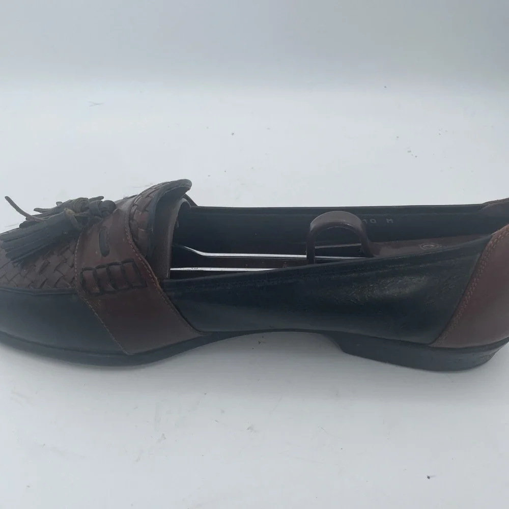 Bragano Mens Shoes Size 10M Black Brown‎ Leather Full Strap Woven Tassel Loafers